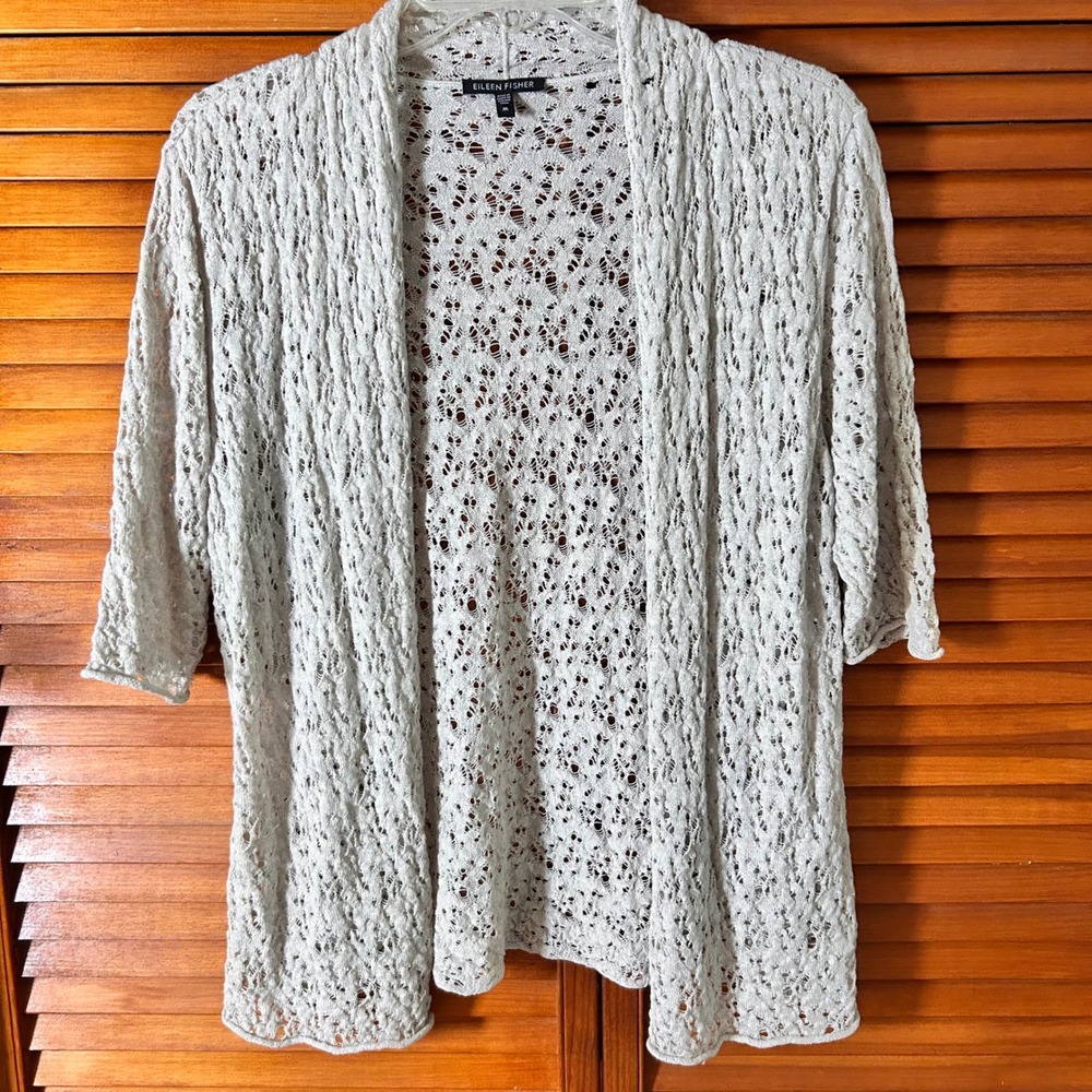 Eileen Fisher Womens Medium 100% Wool Italian Yarn Pointelle Cardigan Beige